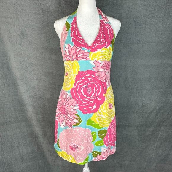 Lilly Pulitzer Dresses & Skirts - Vintage Lilly Pulitzer Dress Womens 6 Pink Floral Halter Tropical Preppy Resort